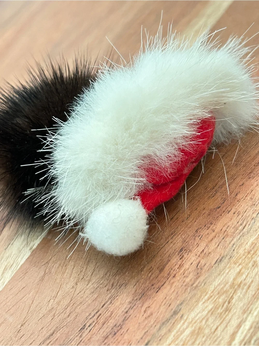 Vintage Fur Pom Face Brooch with Red and White Hat and Dark Brown Fur